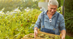 Man in vineyard, working with fresh grapes and smiling with CoxHealth at Home Lifeline button securely fasten around his neck with a lanyard